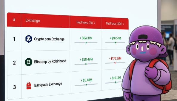 An exchange net flows table ranking Crypto.com Exchange (+$64.31M), Bitstamp by Robinhood (+$28.49M), and Backpack Exchange (+$5.48M) with a purple cartoon mascot character in front.