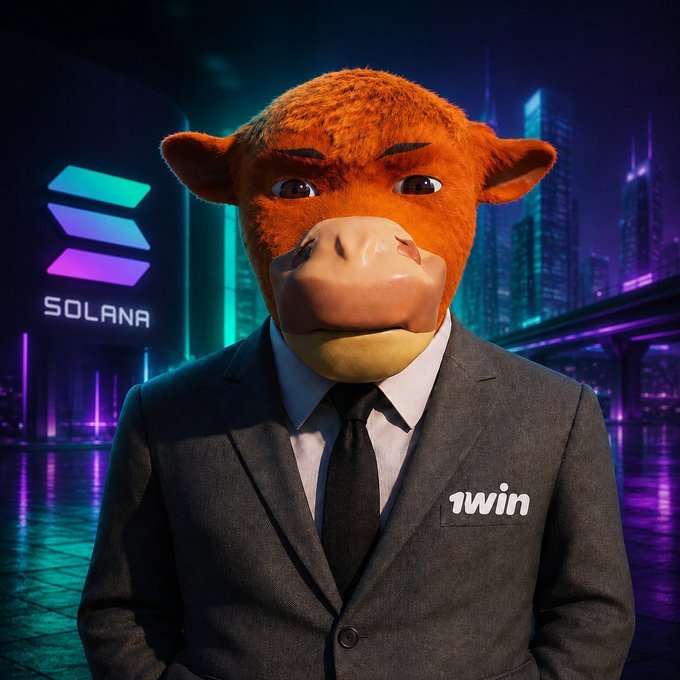 A digital illustration of an anthropomorphic orange animal character wearing a dark suit and black tie, with '1win' text on the lapel, standing before a neon-lit Solana logo and futuristic cityscape.