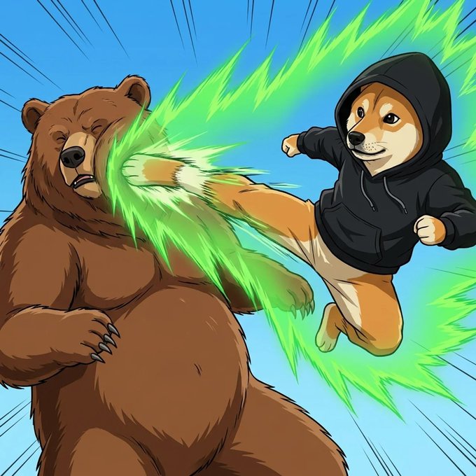 A Shiba Inu dog wearing a hoodie kicks a brown bear in the face, depicting a common trading market metaphor where "bears" represent a declining market and "bulls" represent an advancing one, with the Shiba Inu representing Dogecoin. The image visually conveys that Dogecoin is having a positive impact on the market, to the detriment of any bearish sentiment.