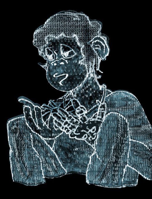A stylized blue and white ASCII art or code-based illustration of a character with pointed ears in a suit, rendered against a black background.