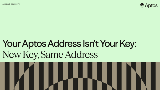 An Aptos advertisement with green background reads 'ACCOUNT SECURITY' and 'Your Aptos Address Isn't Your Key: New Key, Same Address' above a barcode design.