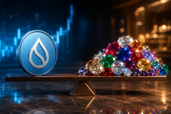 A conceptual image showing a blue coin with a water droplet logo balanced against a pile of colorful gemstones on a wooden scale, set against a blue financial chart background.