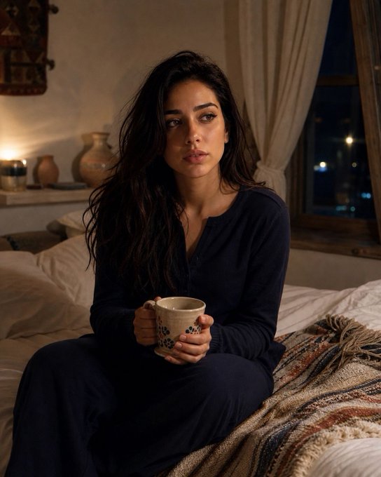 Portrait of a young woman with long dark hair sitting on a bed in a dimly lit room, holding a decorative mug, wearing dark blue clothing, with curtains and a window showing city lights in the background.