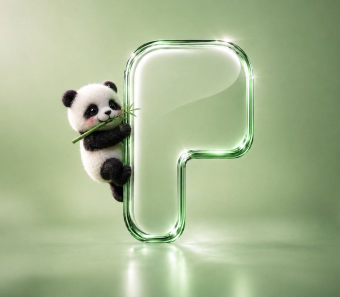 3D rendered fluffy baby panda clinging to a large translucent green letter "P" while holding bamboo, set against a soft green background.