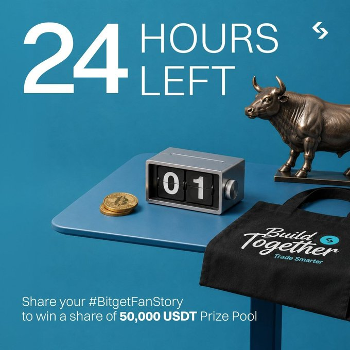 A promotional graphic for Bitget's "#BitgetFanStory" campaign displays "24 HOURS LEFT" prominently, alongside a bronze bull statue, a flip clock showing "01," Bitcoin coins, and a "Build Together, Trade Smarter" tote bag on a blue surface, advertising a 50,000 USDT prize pool for users who share their Bitget trading stories.