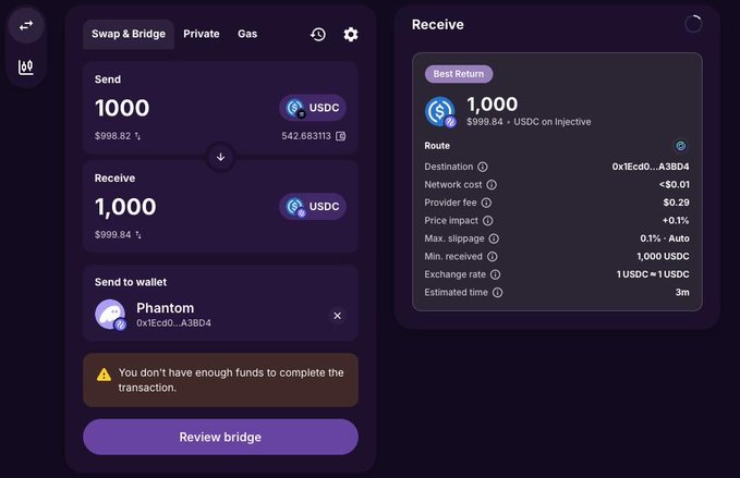 A crypto swap interface showing sending 1000 USDC ($998.82) and receiving 1,000 USDC ($999.84), with a yellow warning stating 'You don't have enough funds to complete the transaction' before the 'Review bridge' button.