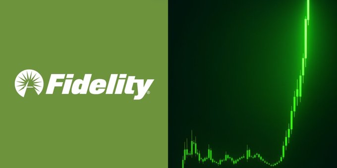 A split-screen image showing the green Fidelity Investments logo on the left and an ascending green stock chart on a black background on the right.