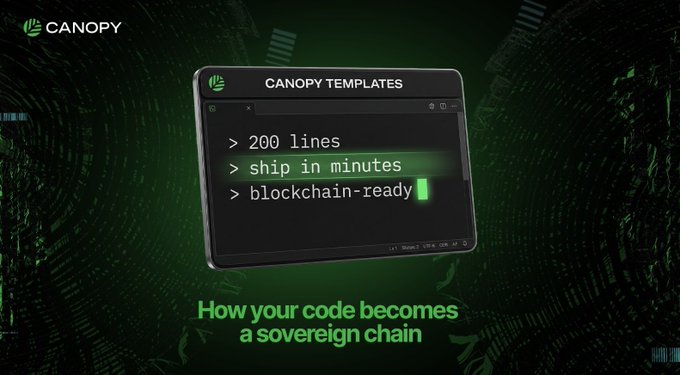 Promotional graphic for Canopy Templates featuring a terminal-style window displaying '200 lines', 'ship in minutes', and 'blockchain-ready', with the tagline 'How your code becomes a sovereign chain'.