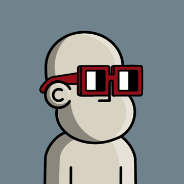 A cartoon figure with white and gray skin wears large red pixelated sunglasses and red headphones, paired with a caption announcing a new "nOUn" trait group started by @LikesTheArt and inviting NPCs to comment their nouns to join.