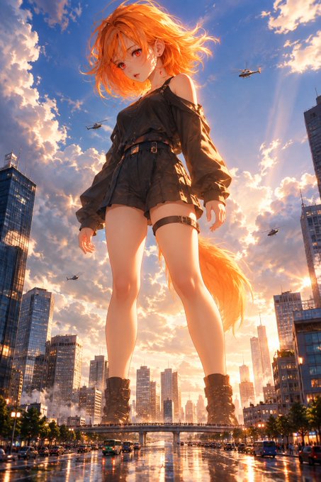 An anime-style illustration depicts a giant girl with orange hair standing over a modern city skyline at sunset, with military helicopters flying around her.