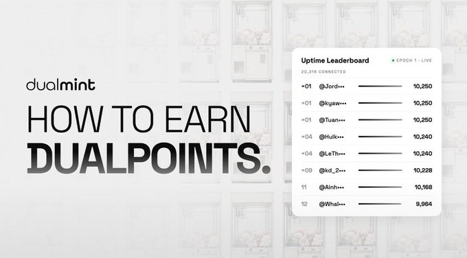 Digital graphic titled "HOW TO EARN DUALPOINTS." featuring the "dualmint" logo, with an "Uptime Leaderboard" for "EPOCH 1 - LIVE" showing 20,318 connected users and ranked participants like @Jord... and @kyaw... at 10,250 points.