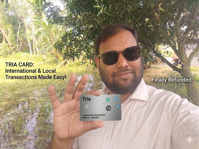 The image features a man holding up a silver card that says "Tria Card" on it. The text on the card reads "International Local Made Easy", which suggests that this card was used for an international transaction, possibly involving local currency or services. The man is smiling and appears to be happy about his recent transaction.