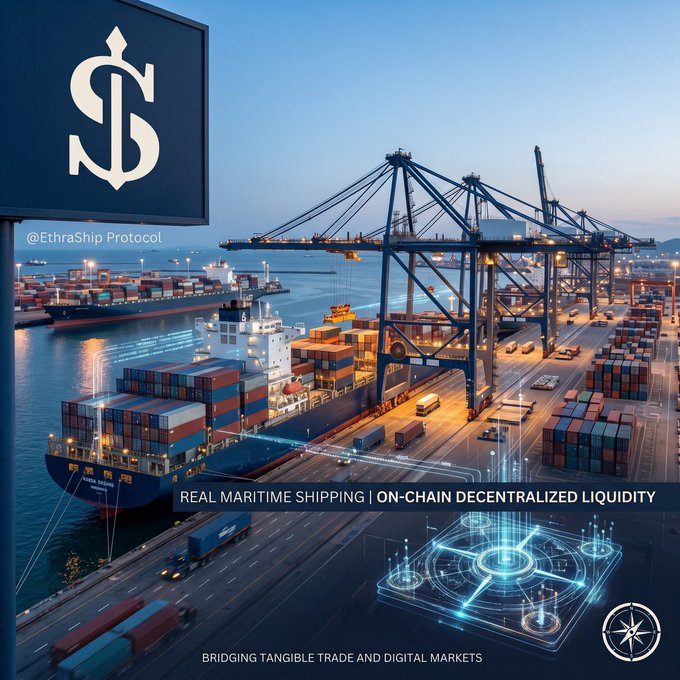 A promotional image for EthraShip Protocol showing a busy shipping port with container ships and cranes, with text reading 'REAL MARITIME SHIPPING | ON-CHAIN DECENTRALIZED LIQUIDITY' and 'BRIDGING TANGIBLE TRADE AND DIGITAL MARKETS'.