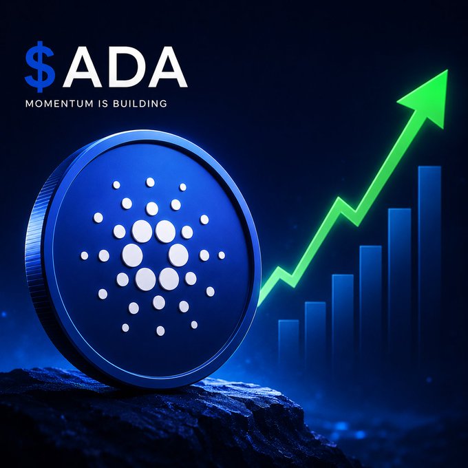 A blue Cardano ($ADA) coin sits prominently beside a glowing green upward arrow and rising bar chart, visually reinforcing the post's message that "Momentum is Building" with four consecutive days of gains and over 30% weekly growth outpacing most top 20 cryptocurrencies.