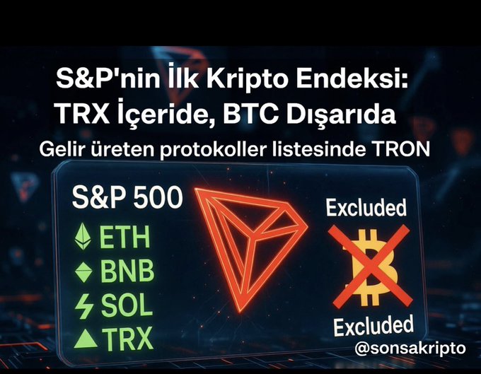 The image announces "S&P'nin İlk Kripto Endeksi: TRX İçeride, BTC Dışarıda" (S&P's First Crypto Index: TRX Inside, BTC Outside), showing an S&P 500 panel listing ETH, BNB, SOL, and TRX as included cryptocurrencies while Bitcoin is marked "Excluded" with red X's. This visual reinforces the post's surprise that Bitcoin was omitted from the index as a "non-revenue-generating protocol," while TRON made the list alongside other revenue-generating protocols.