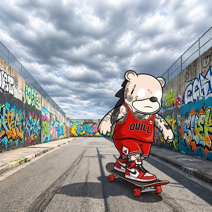 An illustration of a tattooed teddy bear wearing a red 'QUILL' basketball uniform and red Air Jordan sneakers, riding a skateboard down a graffiti-lined alleyway.