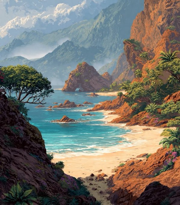 A vibrant illustration of a tropical beach cove with turquoise water, sandy shore, rocky cliffs covered in palm trees, and misty mountains in the background.