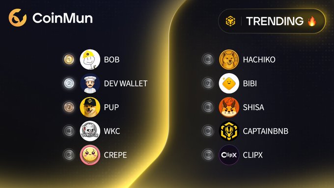 The image features a poster with a black background, displaying a list of various coins along with their names and descriptions. The poster also includes icons representing different cryptocurrency symbols such as Bitcoin, Bsc, PUP, WKC, and others. The text on the poster reads "Top 10 Trending #CoinMun" and "Trending #Developer Wallet", indicating that these are some of the most popular coins at the moment.