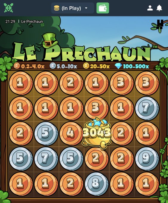 A screenshot of the "Le Prechaun" slot game showing a 6x5 grid filled with numbered coins (1-9) and a pot of gold displaying "3043," indicating a winning hit as celebrated in the post. The game interface shows multiplier values like "0.2-4.0x," "5.0-10x," "20-50x," and "100-500x" at the top, suggesting a significant payout that the poster is excitedly sharing.