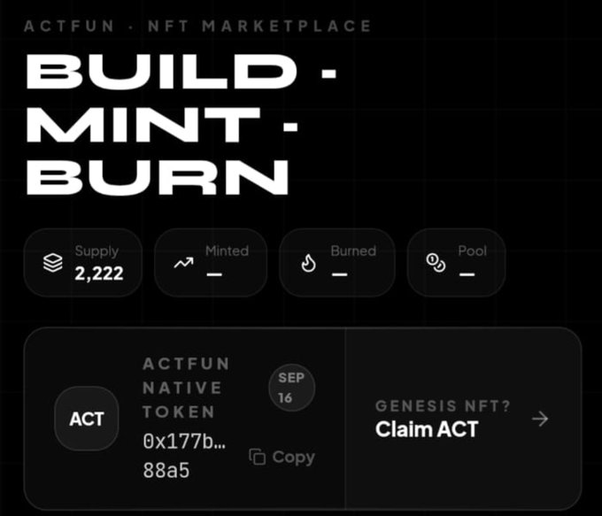 An NFT marketplace dashboard for 'ACTFUN' displaying 'BUILD · MINT · BURN' text with statistics (Supply: 2,222) and an ACT native token contract address 0x177b...88a5 with a 'Claim ACT' button.