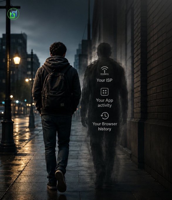 A dark, moody image of a man with a backpack walking down a wet city street at night, alongside a shadowy silhouette labeled with 'Your ISP', 'Your App activity', and 'Your Browser history' with corresponding icons.