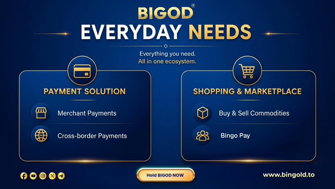 A promotional graphic for "BIGOD" titled "EVERYDAY NEEDS" with the tagline "Everything you need. All in one ecosystem," highlighting a "Payment Solution" (Merchant Payments, Cross-border Payments) and a "Shopping & Marketplace" (Buy & Sell Commodities, Bingo Pay), with a "Hold BIGOD NOW" button and website www.bingold.to.