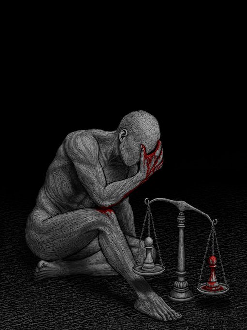 A grayscale sketch of a muscular, faceless humanoid kneeling beside a balance scale, with one side bearing a king chess piece and the other a red pawn.