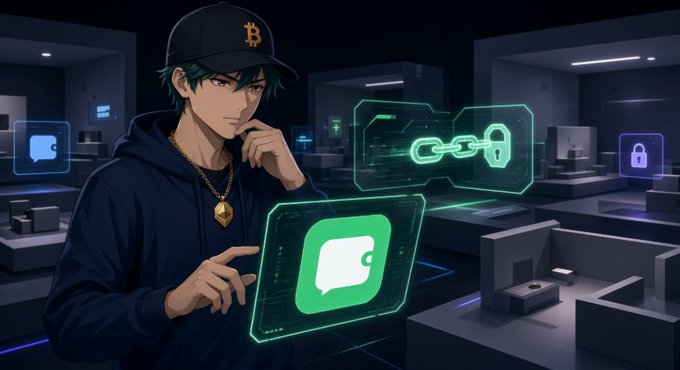 An anime-style illustration depicts a man wearing a Bitcoin cap and chain, interacting with futuristic holographic displays showing a wallet icon and lock symbols in a tech setting.
