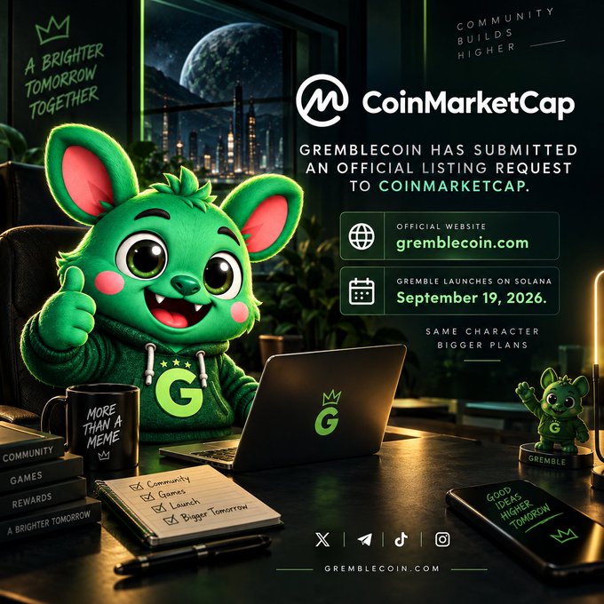 Promotional graphic for Gremblecoin featuring a green mascot character at a desk, announcing an official listing request to CoinMarketCap, with details showing the website gremblecoin.com and a Solana launch date of September 19, 2026.