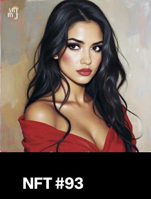A digital portrait painting of a young woman with long dark wavy hair wearing a red off-shoulder top, labeled 'ART BY J' and 'NFT #93'.