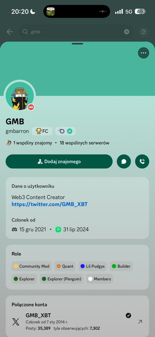 The image shows a Discord profile page for user "GMB" (gmbarron), a Web3 Content Creator with a Twitter link to "https://twitter.com/GMB_XBT," who joined on December 15, 2021, and holds several roles including Community Mod, Quant, Lil Pudgys, Builder, and Explorer. The accompanying post highlights concerns about scams by people holding the Quant rank—the highest community rank—which is also visible as one of GMB's roles, suggesting the user may be among those accused or is addressing the issue.