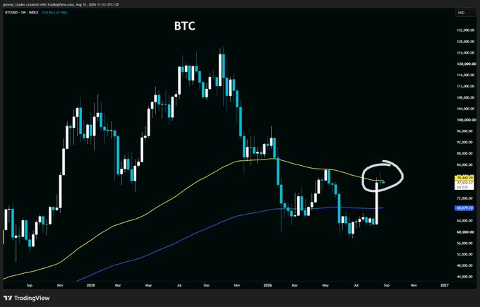 A weekly BTCUSD candlestick chart on TradingView shows Bitcoin (currently ~$69,934.96) rejecting from its 100-week moving average (yellow line) near the $80,000 level, as highlighted by the hand-drawn white circle and arrow, after failing to sustain a recovery above this key resistance following the late-2024 peak near $124,000.
