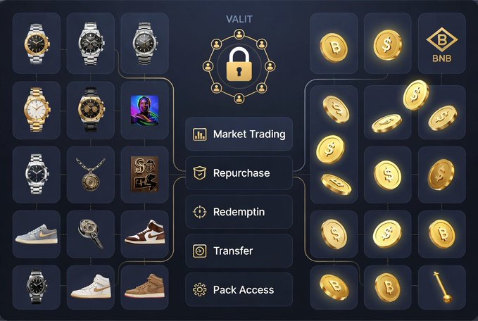 A VALIT cryptocurrency website interface displaying a central lock icon and menu options (Market Trading, Repurchase, Redemption, Transfer, Pack Access) surrounded by images of luxury watches, sneakers, gold coins, and a BNB token.
