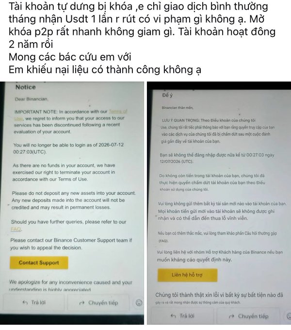 A social media post in Vietnamese asking for help appealing a Binance account suspension, accompanied by screenshots of the official termination notice from Binance in both English and Vietnamese.