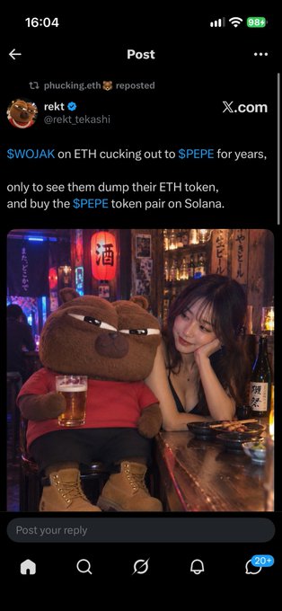 A social media screenshot shows a reposted post from @rekt_tekashi by @plucking.eth with the text '$WOJAK on ETH cucking out to $PEPE for years, only to see them dump their ETH token, and buy the $PEPE token pair on Solana.' above a photo of a bear character drinking with a woman.