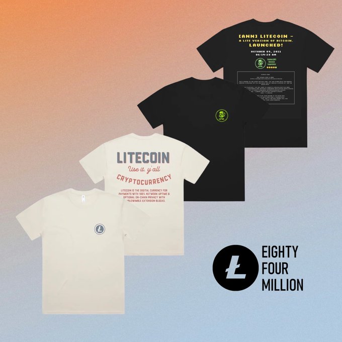 A promotional image showcasing Litecoin-branded t-shirts in cream and black colors, featuring text like 'LITECOIN use it. y all CRYPTOCURRENCY' and the Eighty Four Million logo.