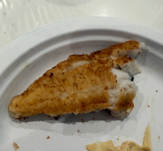 A close-up photo of a breaded, pan-fried fish fillet resting on a white plate, with a small amount of sauce visible in the bottom right corner.