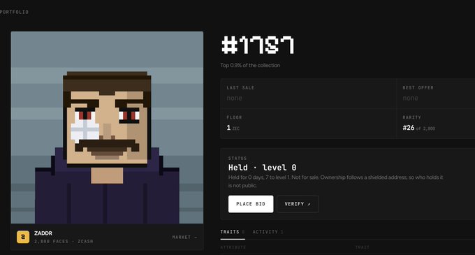 A pixel-art portrait of a male character named "ZADDR" displayed on a portfolio page as NFT #1787 (rarity #26 of 2,000), currently held at level 0, illustrating the user's confusion about a failed automatic mint transaction on the Zaddr network.