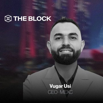 A grayscale profile graphic for THE BLOCK shows 'Vugar Usi, CEO - MEXC' over a blurred city background.