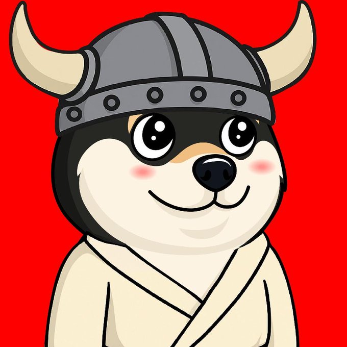 A cartoon illustration of a smiling Shiba Inu dog wearing a Viking helmet with horns and a beige robe against a red background.