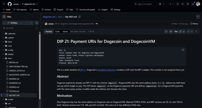 A GitHub repository page for 'dogecoin-vm' displaying a markdown file titled 'DIP 21: Payment URLs for Dogecoin and DogecoinVM'.