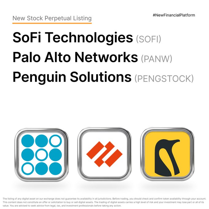 A promotional graphic announcing Bybit's new stock perpetual listings for SoFi Technologies ($SOFI), Palo Alto Networks ($PANW), and Penguin Solutions ($PENGSTOCK), featuring their respective logos beneath the "New Stock Perpetual Listing" header.