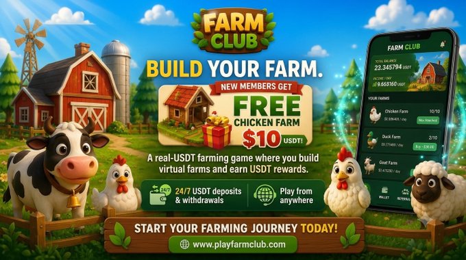 An advertisement for "FARM CLUB" promotes a virtual farming game with the text "BUILD YOUR FARM" and "NEW MEMBERS GET FREE CHICKEN FARM $10 USDT".