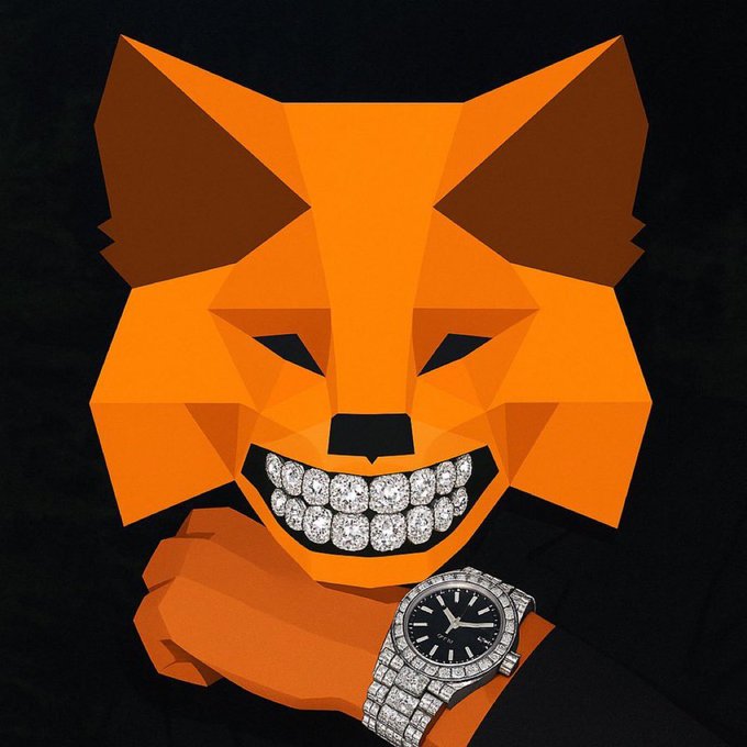 A stylized low-poly orange fox illustration with a diamond-encrusted grin and a diamond-covered Rolex watch on its wrist against a black background.
