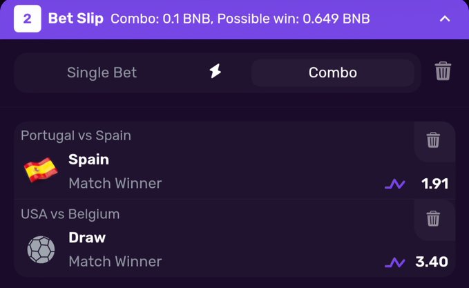 This image shows a Dexsport bet slip with a 0.1 BNB combo bet on Spain to win against Portugal and a draw between USA and Belgium, with a possible win of 0.649 BNB.
