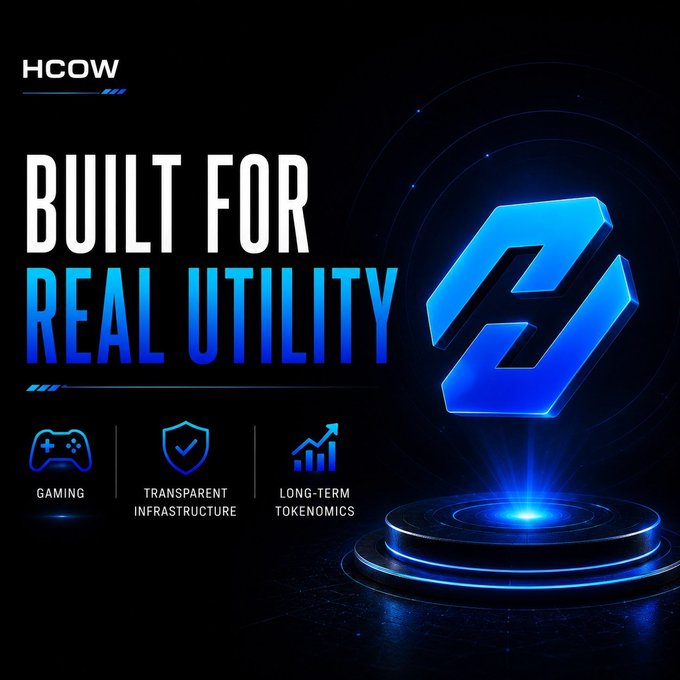 The image is a promotional graphic for "HCOW" featuring the tagline "BUILT FOR REAL UTILITY" in bold white and blue text, alongside a large 3D blue token/coin logo on a dark circular platform. Three icons at the bottom highlight the project's key pillars: Gaming (game controller), Transparent Infrastructure (shield), and Long-Term Tokenomics (growth chart), visually reinforcing the post's message about HCOW's focus on sustainable utility-driven development ahead of their TGE.