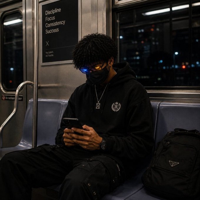 A young man wearing a black hoodie and mask looks down at his phone while sitting alone on a subway car, with a nearby advertisement reading "Discipline Focus Consistency Success." The image evokes a focused, productive morning vibe—matching the post's promise of a thoughtful thread later in the day.