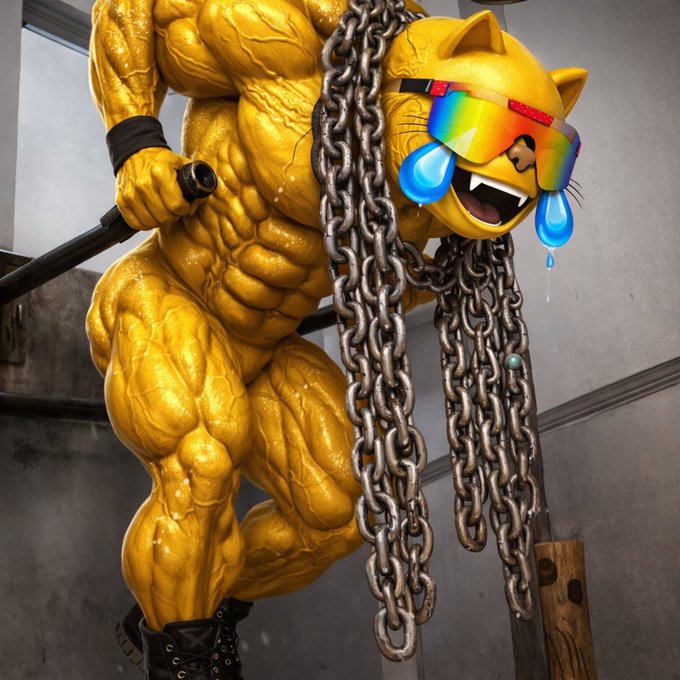 A hyper-muscular anthropomorphic yellow cat character wearing rainbow-tinted sunglasses, crying blue tears, and draped in heavy metal chains.
