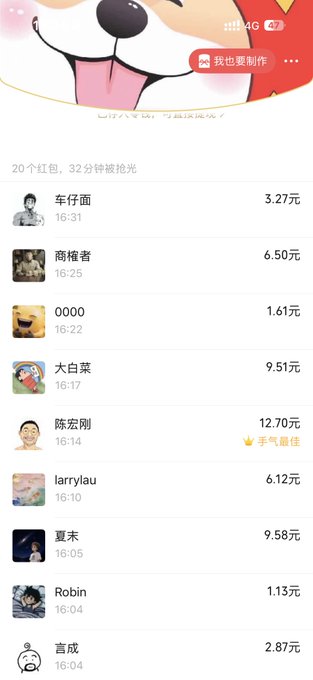 A Chinese mobile app screenshot shows a list of red packet senders with usernames, times, and amounts in yuan, including users like '车仔面' (3.27元), '商橙者' (6.50元), and '陈宏刚' (12.70元), under a cartoon header with '我也要制作' button.