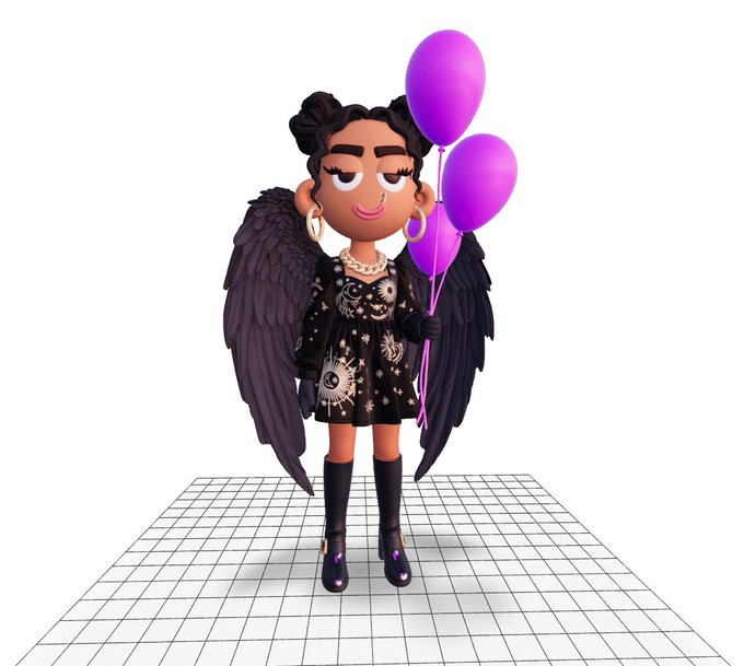 3D animated character of a girl with dark wings, gold hoop earrings, and a celestial-patterned dress holding purple balloons on a grid floor.